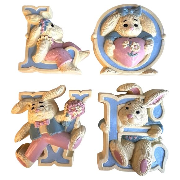 VTG 1992 Burwood Bunny Rabbit LOVE Wall Hanging Decoration Plaques Set Pink Blue - Picture 1 of 7